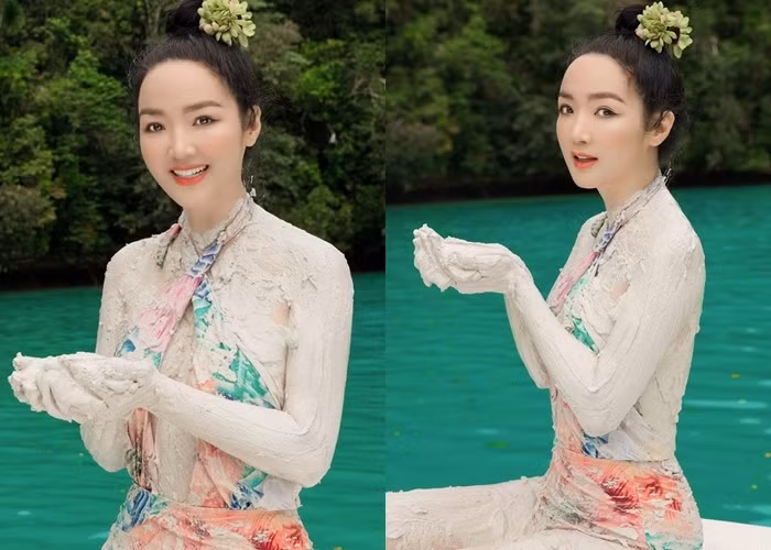  Tại Palau, nàng hậu thích thú trải nghiệm phương pháp dưỡng da bằng bùn sữa trắng giữa thiên nhiên. Dù đã U50 nhưng Giáng My không ngại diện trang phục bikini được xẻ ngực táo bạo