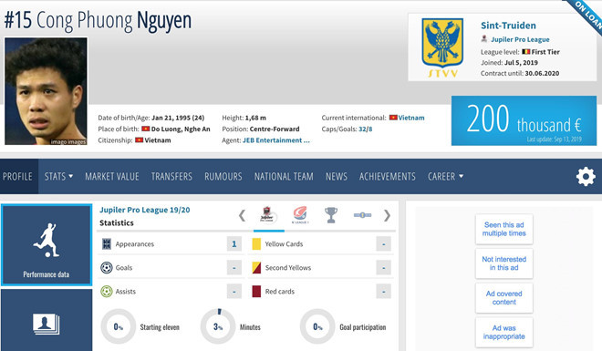 Giá chuyển nhượng của Công Phượng theo đánh giá của Transfermarkt. Ảnh chụp màn hình. Giá chuyển nhượng của Công Phượng theo đánh giá của Transfermarkt. Ảnh chụp màn hình.