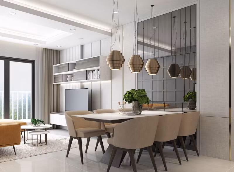 Bộ bàn ghế ăn bên cạnh sở hữu tông màu xám hiện đại, sang trọng.