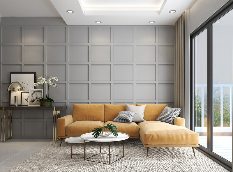Sử dụng sofa hình chữ L để che đi góc khuất của ngôi nhà đồng thời giúp không gian phòng khách được rộng rãi hơn. Màu vàng của ghế làm nổi bật khu vực tiếp khách. Sử dụng sofa hình chữ L để che đi góc khuất của ngôi nhà đồng thời giúp không gian phòng khách được rộng rãi hơn. Màu vàng của ghế làm nổi bật khu vực tiếp khách.
