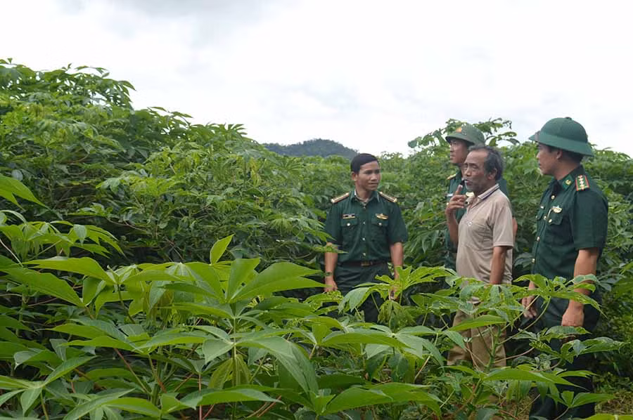  Cán bộ Đồn Biên phòng Ia Lốp hướng dẫn kỹ thuật trồng trọt cho gia đình ông Rơ Mah Loan (xã Ia Mơr, huyện Chư Prông). Ảnh: P.D