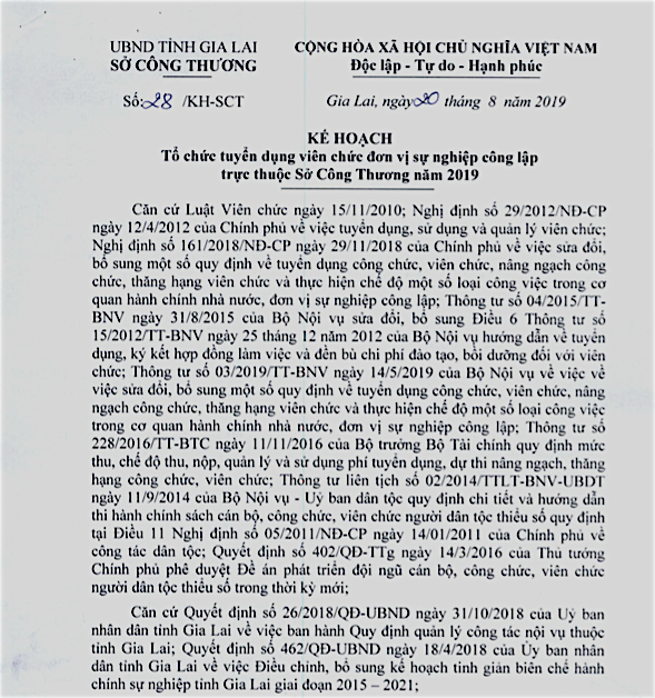 Một phần Kế hoạch số 28 của Sở Công thương, quy định chi tiết tiêu chuẩn, điều kiện, hồ sơ đăng ký dự tuyển và hình thức, nội dung xét tuyển. Ảnh: M.T
