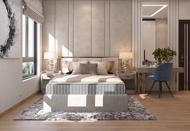 Trong phòng ngủ thứ 2 tường đầu giường bọc nệm có tác dụng cách âm đồng thời tăng vẻ sang trọng cho căn phòng.