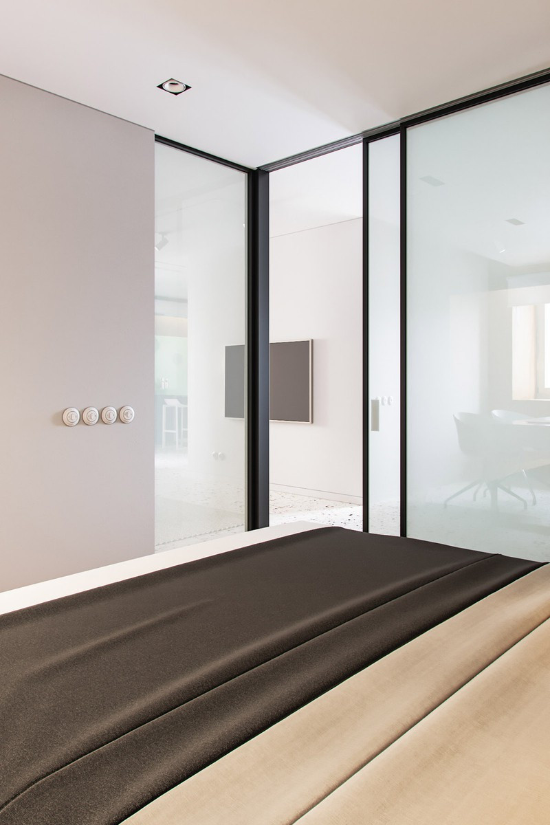 Khi cửa kính của vách ngăn phòng ngủ được mở hết cỡ, phòng ngủ trở thành một phần của khu vực phòng làm việc và phòng ăn. Hai khu vực được nối với nhau bằng bộ tủ sách và tủ lưu trữ cao ở phần giữa. Khi cửa kính của vách ngăn phòng ngủ được mở hết cỡ, phòng ngủ trở thành một phần của khu vực phòng làm việc và phòng ăn. Hai khu vực được nối với nhau bằng bộ tủ sách và tủ lưu trữ cao ở phần giữa.