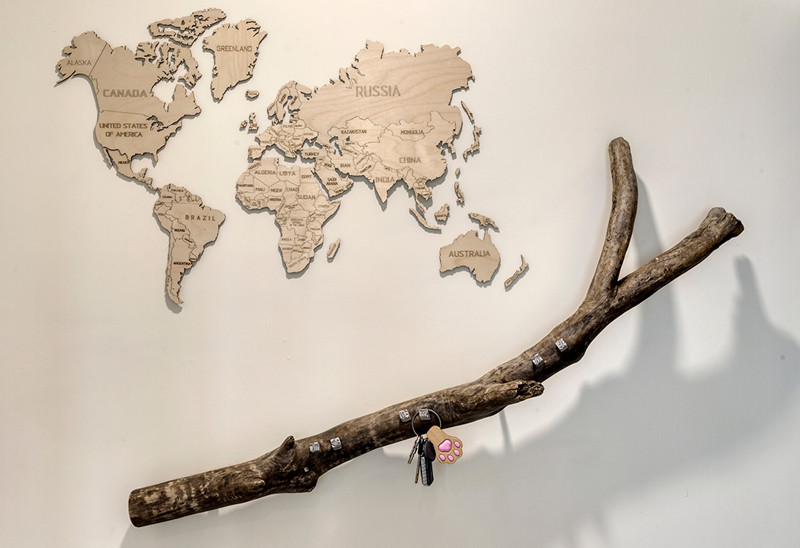 Đặc biệt gần lối ra vào có một nhánh cây được cách tân thành mốc để chìa khóa, tạo sức hút cho căn hộ.