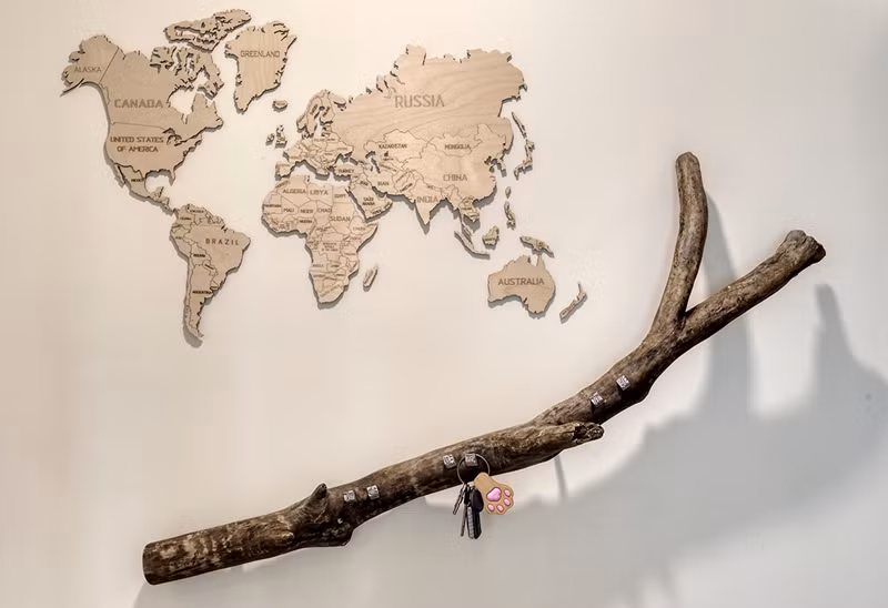 Đặc biệt gần lối ra vào có một nhánh cây được cách tân thành mốc để chìa khóa, tạo sức hút cho căn hộ.