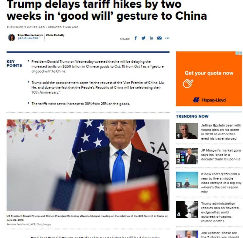 Ông Trump hoãn thuế 2 tuần vì Trung Quốc 