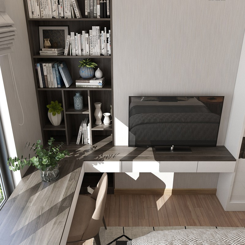 Bàn làm việc hình chữ L ôm sát tường nhằm tiết kiệm diện tích. Bàn làm việc hình chữ L ôm sát tường nhằm tiết kiệm diện tích.