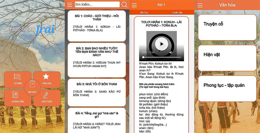 Giao diện ứng dụng Học tiếng Jrai. Ảnh: Mộc Trà