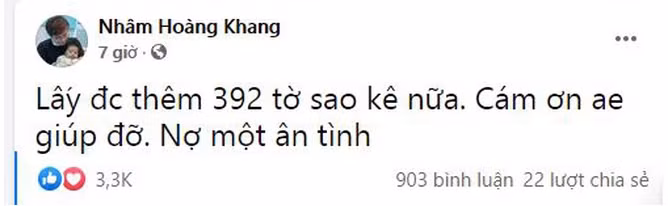 Tài khoản Facebook Nhâm Hoàng Khang đăng thông tin lấy được 392 tờ sao kê