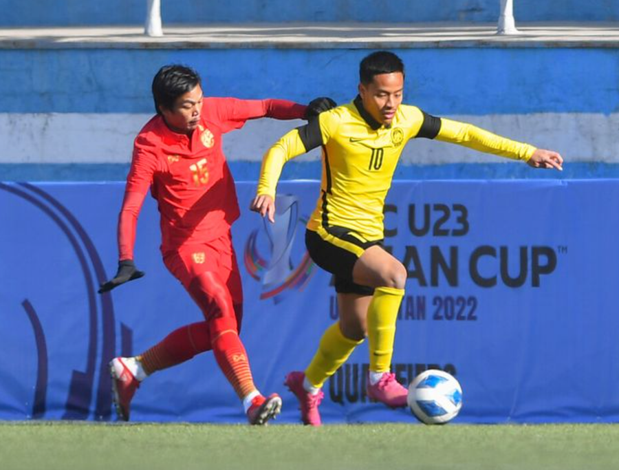 U.23 Thái Lan (áo đỏ) trong trận hòa Malaysia. Ảnh: AFC