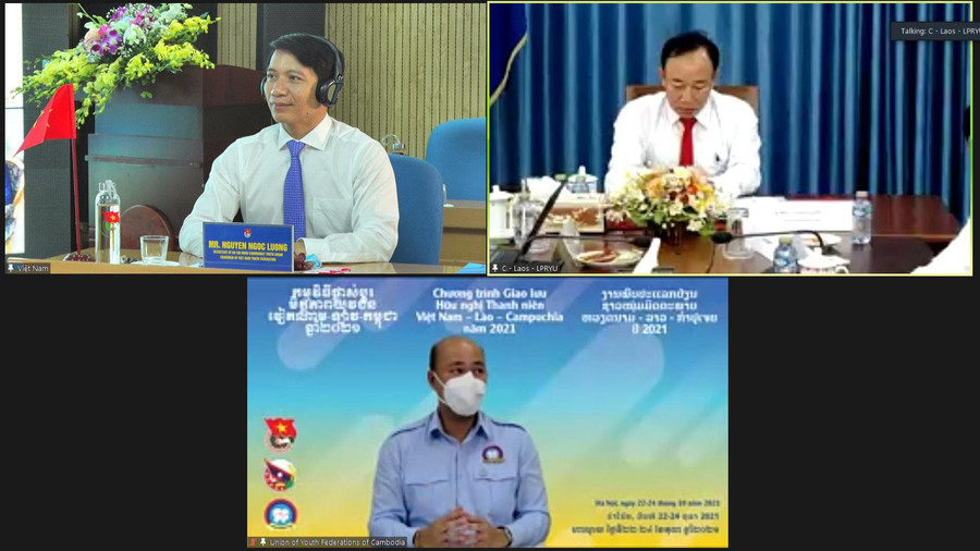 Lãnh đạo thanh niên 3 nước Việt Nam - Lào - Campuchia tham dự chương trình giao lưu. Ảnh: Bảo Anh