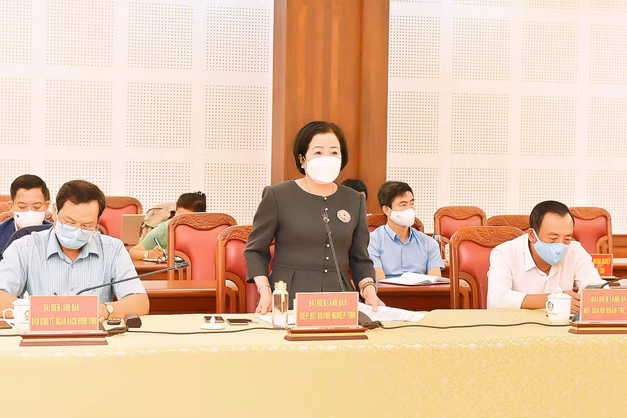 Bà Nguyễn Thị Sen-Chủ tịch Hội Doanh nhân tỉnh phát biểu ý kiến. Ảnh: Đức Thụy