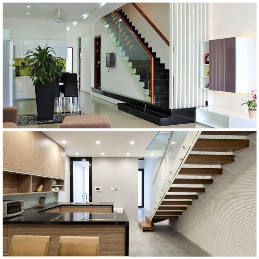 Cầu thang kính giúp căn nhà trở nên sang trọng và hiện đại. Đồ họa: Phương Duy 