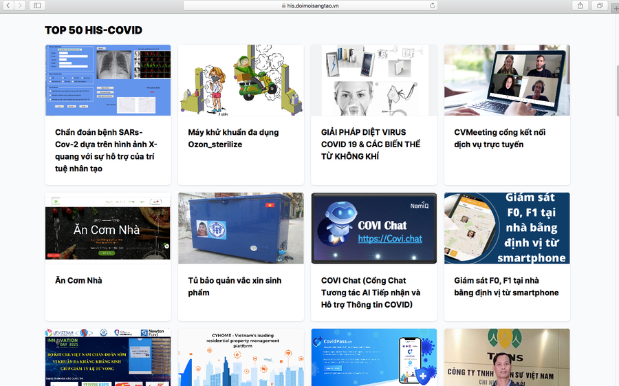 Các giải pháp công nghệ hỗ trợ công tác ứng phó Covid-19 trên trang http://his.doimoisangtao.vn. Ảnh: Chụp màn hình