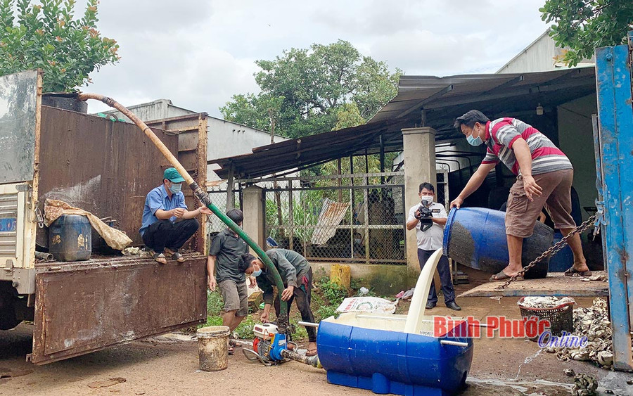 Anh Trần Bình Long (bìa phải), ấp Thuận Hải, xã Thuận Phú, huyện Đồng Phú (tỉnh Bình Phước) đang sử dụng máy bơm của anh Nguyễn Văn Lĩnh để hút mủ cao su đưa lên xe bồn  Anh Trần Bình Long (bìa phải), ấp Thuận Hải, xã Thuận Phú, huyện Đồng Phú (tỉnh Bình Phước) đang sử dụng máy bơm của anh Nguyễn Văn Lĩnh để hút mủ cao su đưa lên xe bồn