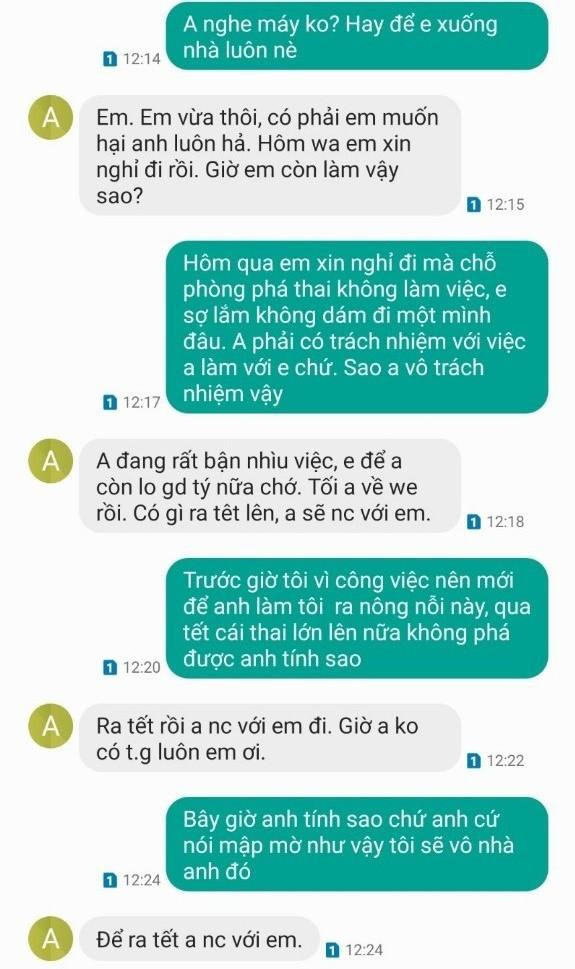 Đoạn tin nhắn trao đổi giữa vợ anh N. và ông Vinh. Ảnh: NVCC Đoạn tin nhắn trao đổi giữa vợ anh N. và ông Vinh. Ảnh: NVCC