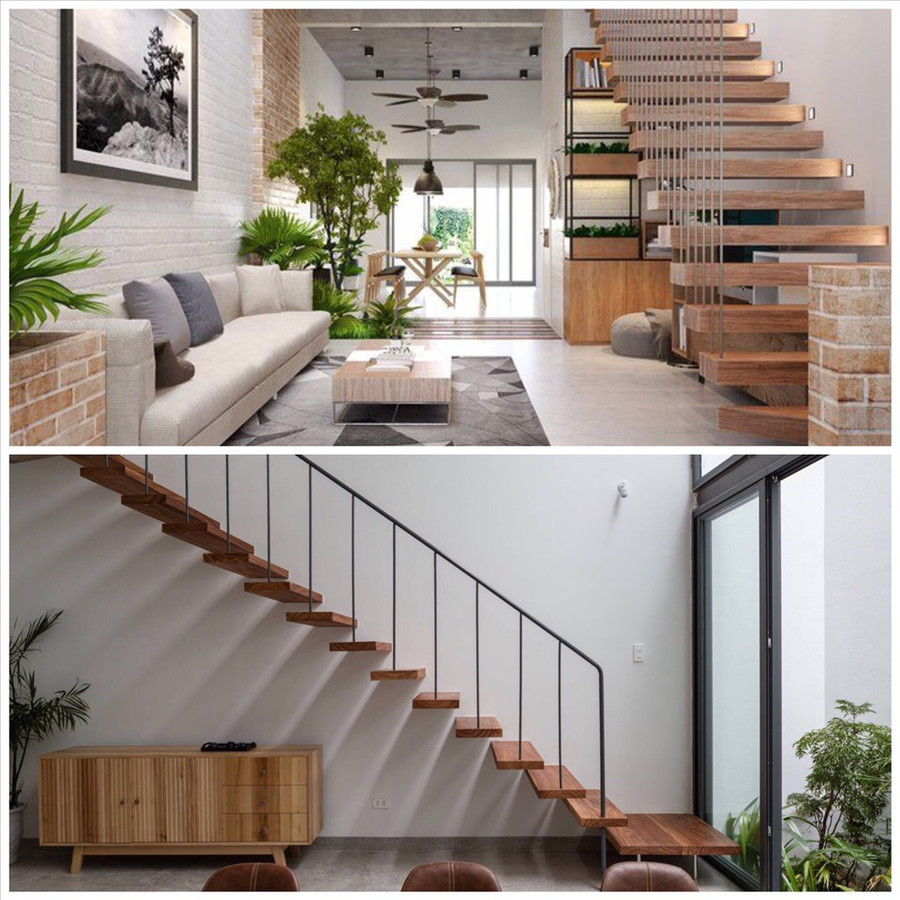 Mẫu cầu thang gỗ tự nhiên thể hiện đẳng cấp cho gia chủ. Đồ họa: Phương Duy 