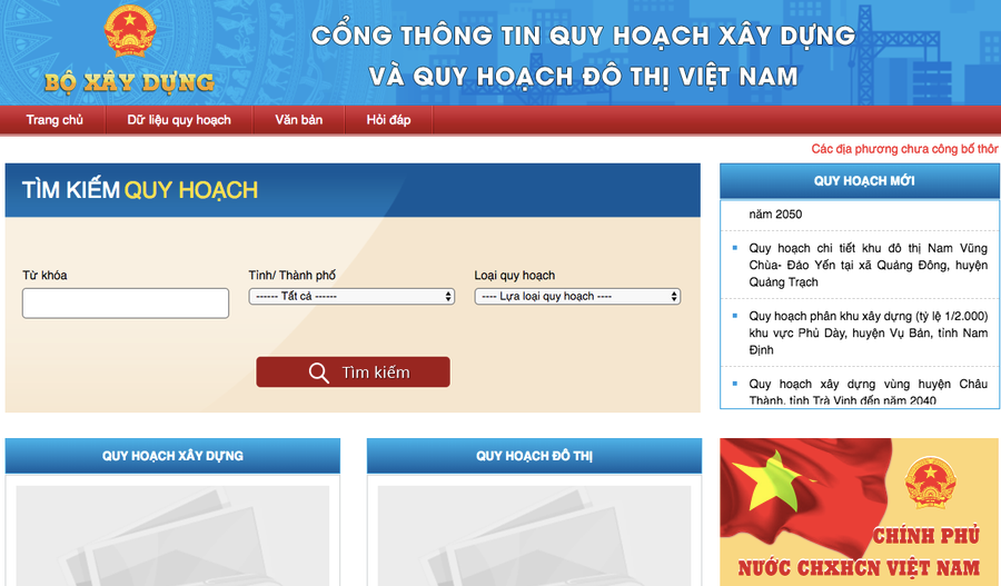 Giao diện chính của cổng thông tin điện tử về quy hoạch xây dựng, quy hoạch đô thị. Ảnh: Chụp màn hình
