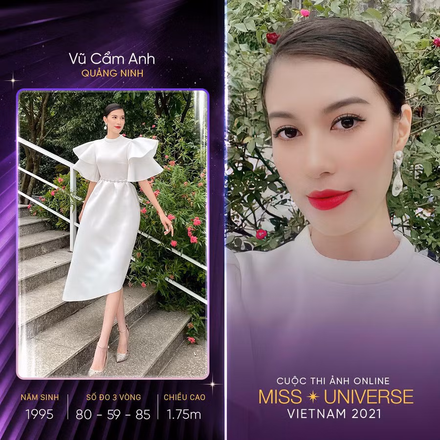 Dự thi Miss Universe Vietnam, Vũ Cẩm Anh (26 tuổi) gây ấn tượng bởi vẻ ngoài sắc sảo, cuốn hút. Cô cao 1,75m, số đo ba vòng 80-59-85. Người đẹp Quảng Ninh chia sẻ: “Tôi định đăng ký tham gia cuộc thi để đánh dấu mốc trưởng thành mới và tôi tin rằng đây sẽ là dấu ấn đáng ghi nhớ trong tuổi trẻ của mình”. Ảnh: Fanpage Miss Universe Viet Nam