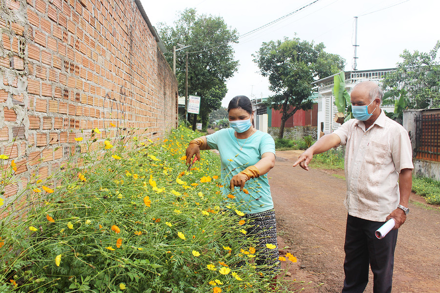 Ông A Miu vận động người dân tích cực tham gia trồng hoa, tạo cảnh quan xanh-sạch-đẹp trên các tuyến đường của làng Khưn (phường Trà Bá, TP. Pleiku). Ảnh: Thủy Bình Nhờ tích cực vận động người dân, các tuyến đường trong làng Khưn (phường Trà Bá, TP.Pleiku) đều sạch-đẹp. Ảnh: Thủy Bình