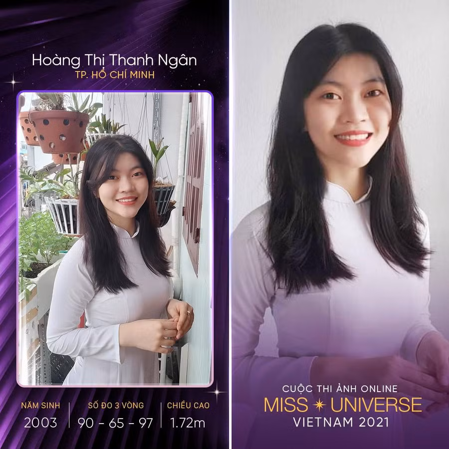 Thanh Ngân thuộc nhóm thí sinh nhỏ tuổi nhất của Hoa hậu Hoàn vũ Việt Nam 2021. Cô sinh năm 2003, sở hữu chiều cao 1,72m, số đo ba vòng 90-65-97. Chân dài 18 tuổi ghi danh thi nhan sắc vì muốn truyền tải thông điệp sống tích cực, lạc quan, dám ước mơ dám thực hiện đến với mọi người. Ảnh: Fanpage Miss Universe Viet Nam