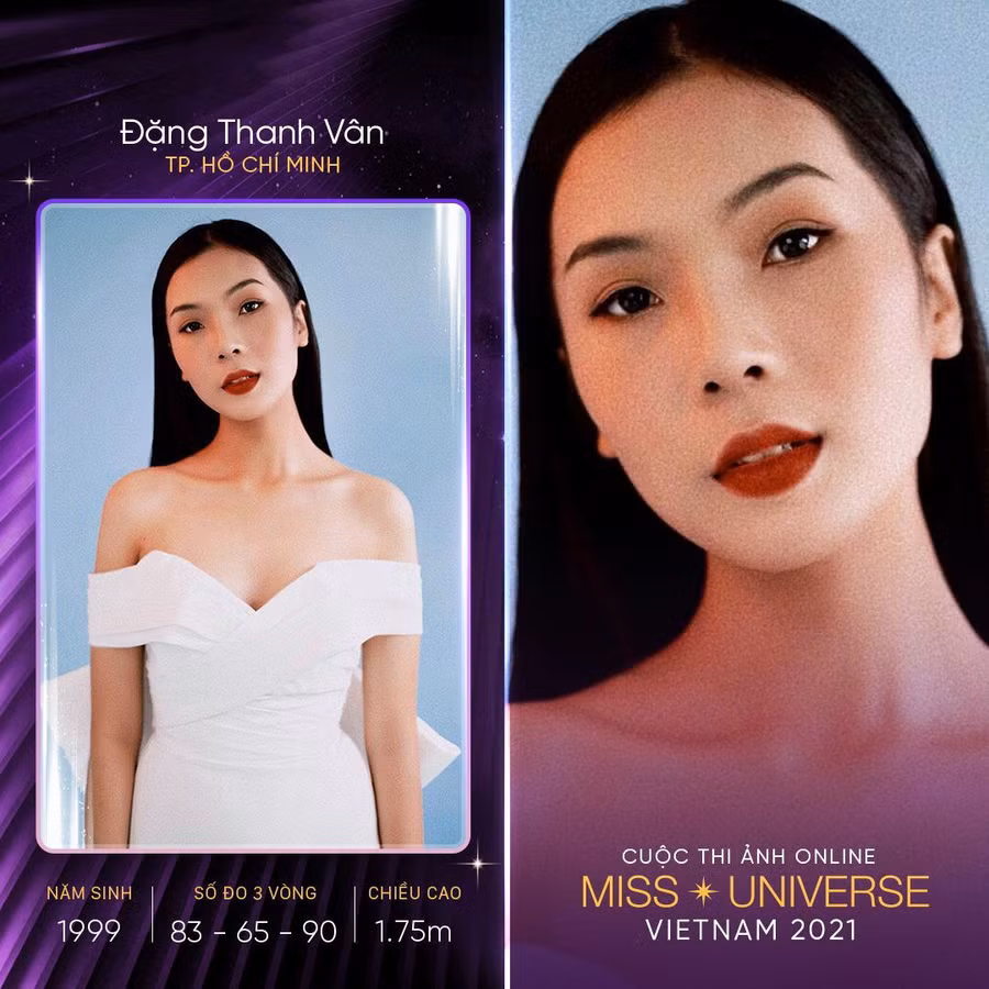 Đặng Thanh Vân gây ấn tượng bởi nhan sắc xinh đẹp, chiều cao 1,75m, số đo ba vòng 83-65-90. Nữ thí sinh tham gia cuộc thi để thỏa niềm đam mê, đồng thời truyền tải thông điệp về tình yêu thương, sự nỗ lực trong cuộc sống. “Mình muốn gửi đến những bạn nữ còn tự ti về ngoại hình, chúng ta nên hiểu rằng mỗi người được ba mẹ sinh ra đều mang một vẻ đẹp riêng nhưng vẻ đẹp bền bỉ trường tồn chính là vẻ đẹp của một tâm hồn ấm áp. Một con người có cách sống đẹp chắc chắn sẽ đáng quý và tỏa sáng hơn rất nhiều”, cô chia sẻ. Ảnh: Fanpage Miss Universe Viet Nam