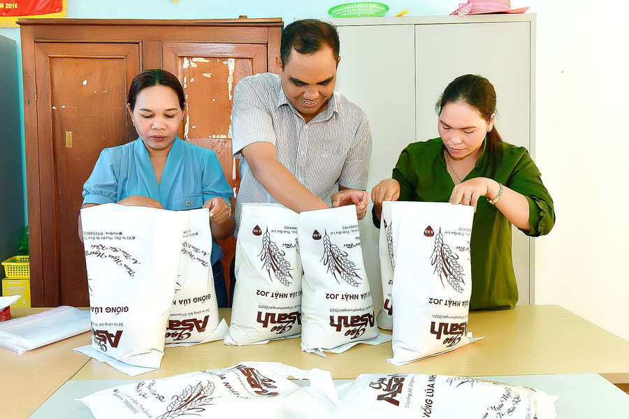 Các thành viên Tổ hợp tác nông nghiệp và dịch vụ xã Ia Dêr (huyện Ia Grai) đóng gói sản phẩm gạo Asanh (ảnh chụp trước tháng 4-2021). Ảnh: Đức Thụy