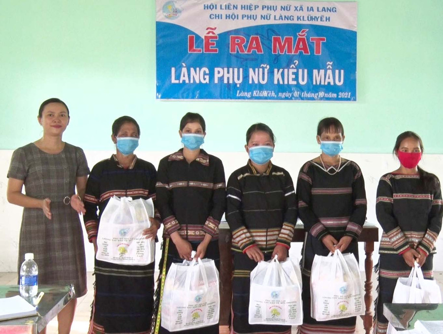 Hội Liên hiệp Phụ nữ huyện Đức Cơ tặng quà cho phụ nữ nghèo tham gia mô hình. Ảnh: Đức Tịnh