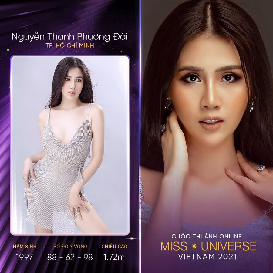 Nguyễn Thanh Phương Đài được đánh giá cao về sắc vóc. Cô cao 1,72m, số đo ba vòng 88-62-98. Người đẹp sinh năm 1997 chia sẻ: “Tôi đến với cuộc thi lần này là để chinh phục và chiến thắng, mang sức ảnh hưởng của mình lan tỏa những thông điệp có ích, mang sự ấm áp và trái tim nhân hậu để trở thành người có sức ảnh hưởng tốt cho xã hội”. Ảnh: Fanpage Miss Universe Viet Nam