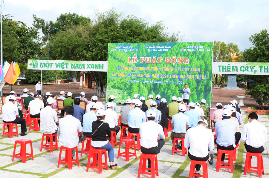 Quang cảnh buổi lễ phát động hưởng ứng chương trình trồng 1 tỷ cây xanh và trồng cây phân tán năm 2021 trên địa bàn thị xã An Khê. Ảnh: Minh Nguyễn