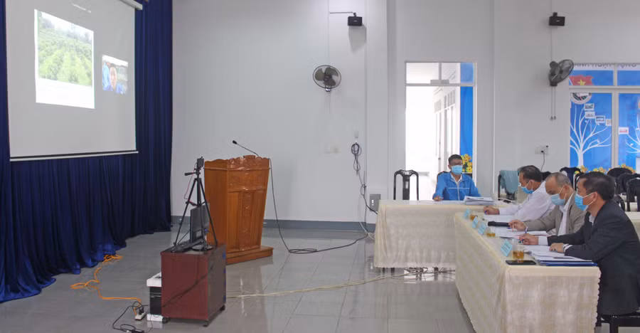 Ban giám khảo chấm điểm các dự án, ý tưởng cuộc thi Ý tưởng, sáng tạo khởi nghiệp lần thứ V bằng hình thức trực tuyến. Ảnh: Phan Lài 