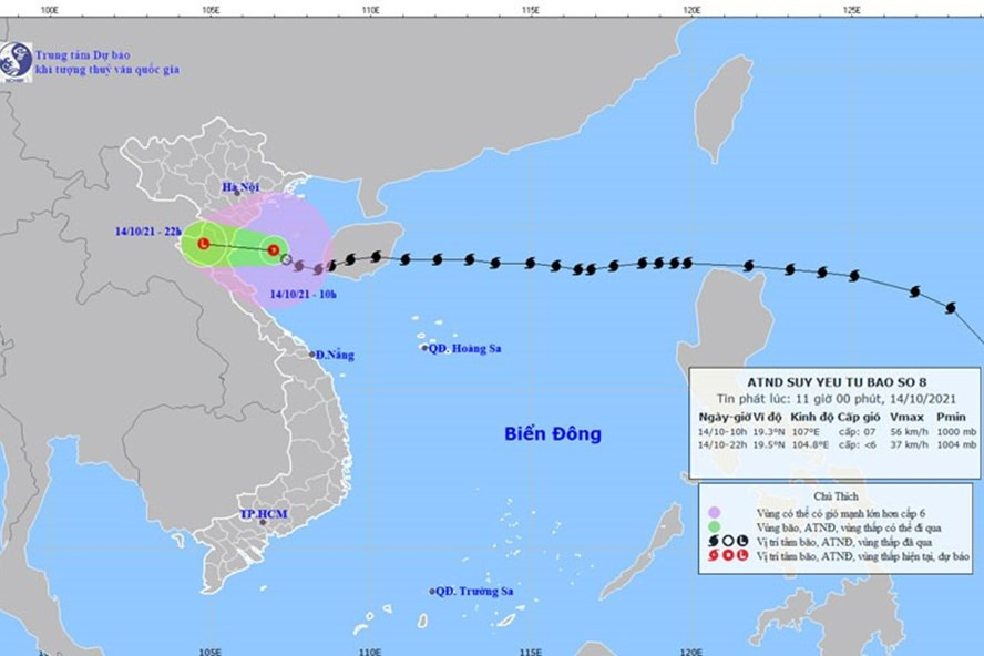 Vị trí và đường đi của áp thấp nhiệt đới. Ảnh: Trung tâm Dự báo KTTV Quốc gia