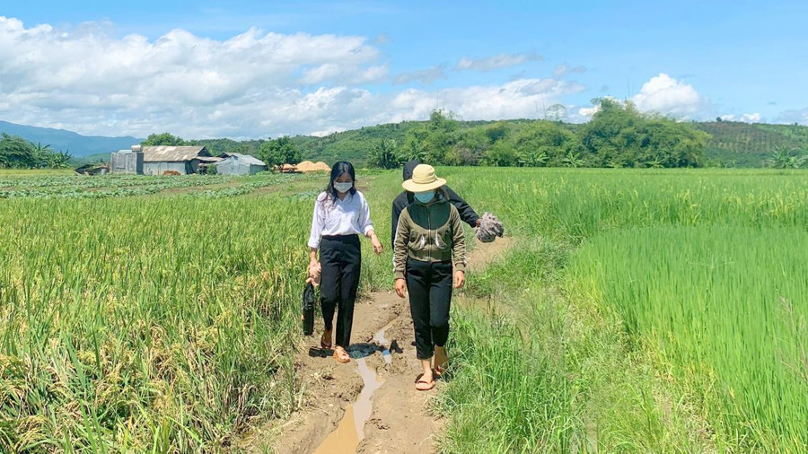 Cán bộ, giáo viên Trường THCS Trần Quốc Toản (xã Ea R’bin, huyện Lắk) trên đường vận động học sinh tới trường.