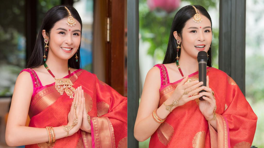 Hoa hậu Ngọc Hân thích thú khi lần đầu được mặc trang phục truyền thống của Ấn Độ. Ảnh: Vũ Toàn
