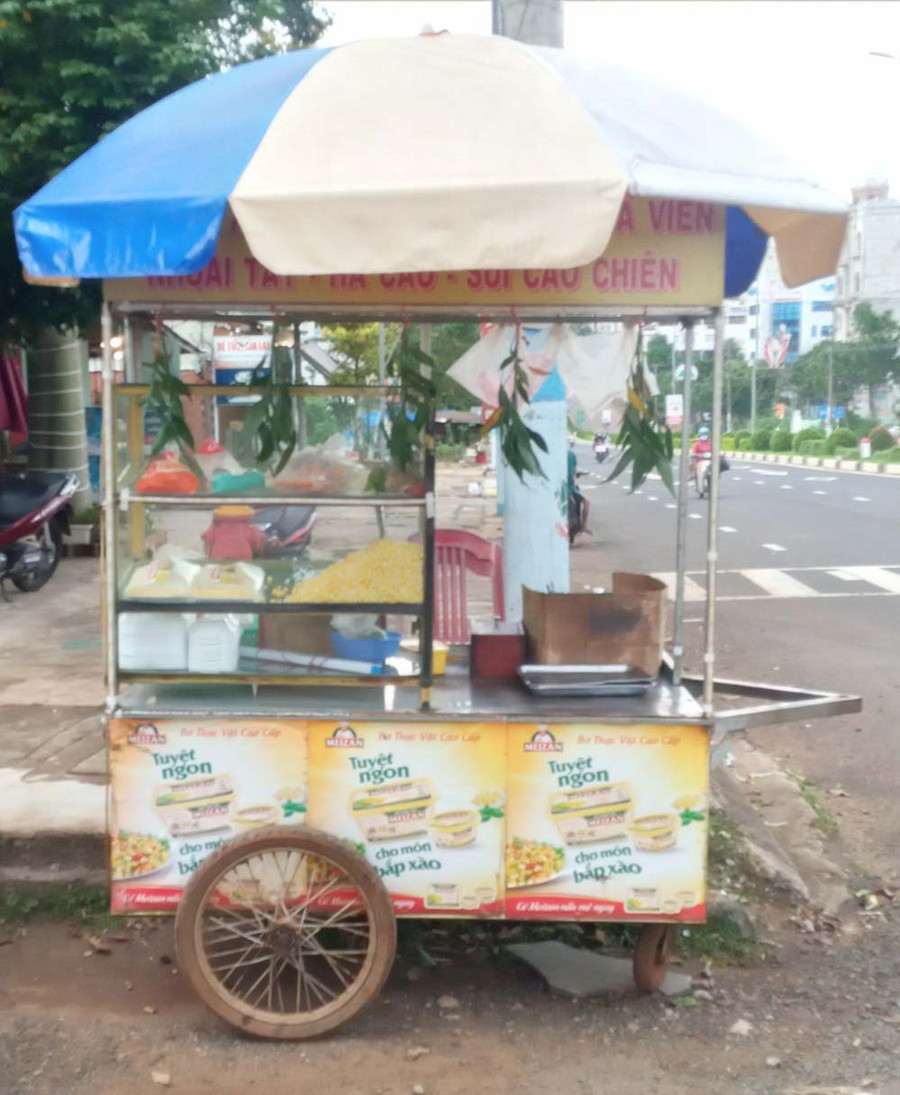 Vị trí chị Duyên đặt xe hàng để buốn bán trên đường Nguyễn Tất Thành, TP. Pleiku. Ảnh: Lê Anh