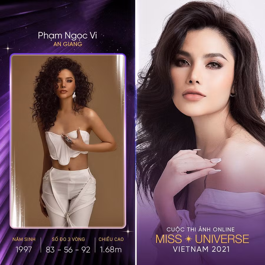 Phạm Ngọc Vi sinh năm 1997, quê An Giang. Cô cao 1,68m, số đo ba vòng 83-56-92. Người đẹp gây ấn tượng bởi vẻ đẹp sắc sảo, phù hợp với tiêu chí cuộc thi. Cô nhận được nhiều lời khen ngợi cũng như kỳ vọng từ phía người hâm mộ. Ảnh: Fanpage Miss Universe Viet Nam