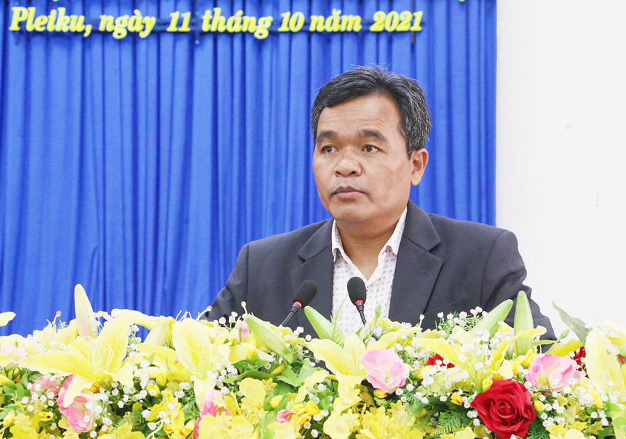 Ủy viên Ban Chấp hành Trung ương Đảng, Bí thư Tỉnh ủy, Chủ tịch HĐND tỉnh phát biểu chỉ đạo tại hội nghị. Ảnh: Quang Tấn