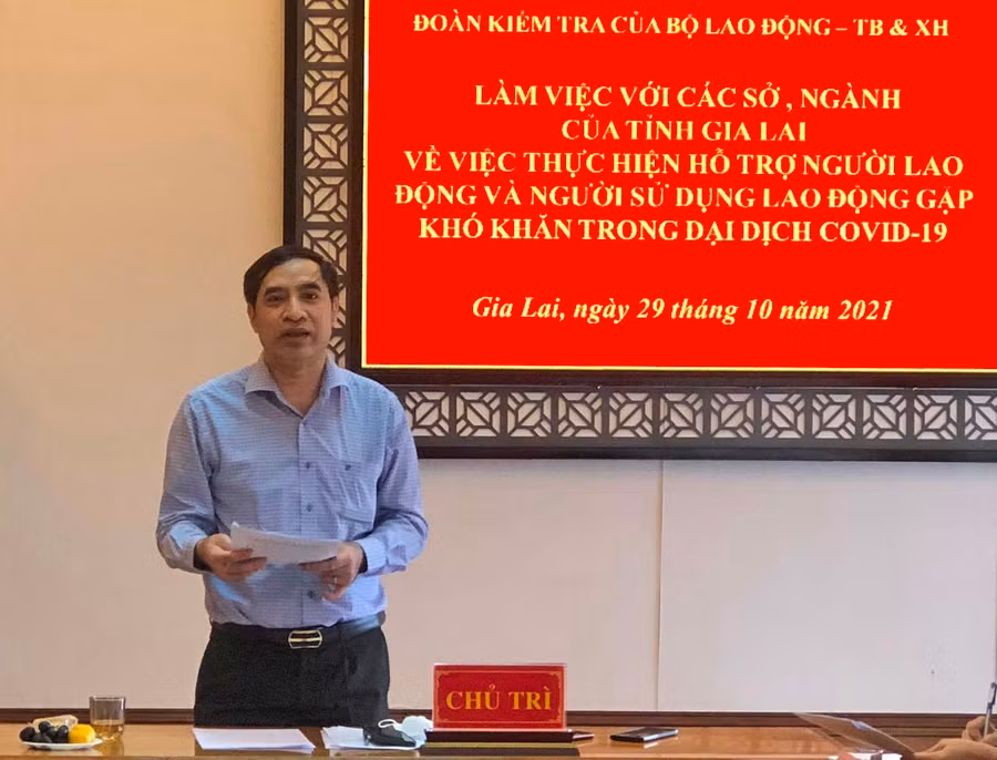 Ông Vũ Trọng Bình-Cục trưởng Cục việc làm phát biểu đánh giá công tác thực hiện hỗ trợ người lao động và người sử dụng lao động gặp khó khăn do đại dịch Covid-19. Ảnh: Đinh Yến