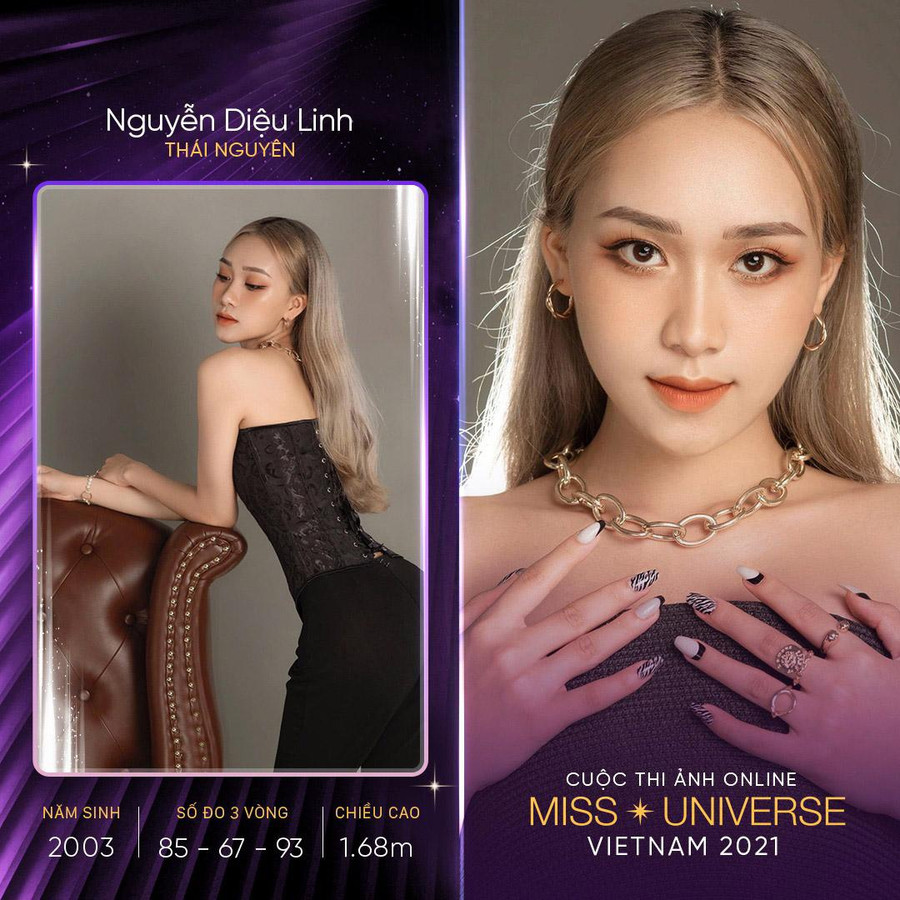  Nguyễn Diệu Linh sinh năm 2003, sở hữu vẻ đẹp sắc sảo. Cô cao 1,68m, số đo ba vòng 85-67-93. Thí sinh đến với Miss Universe Vietnam với tâm thế vui vẻ, lan tỏa sức trẻ và năng lượng tích cực. Ảnh: Miss Universe Vietnam