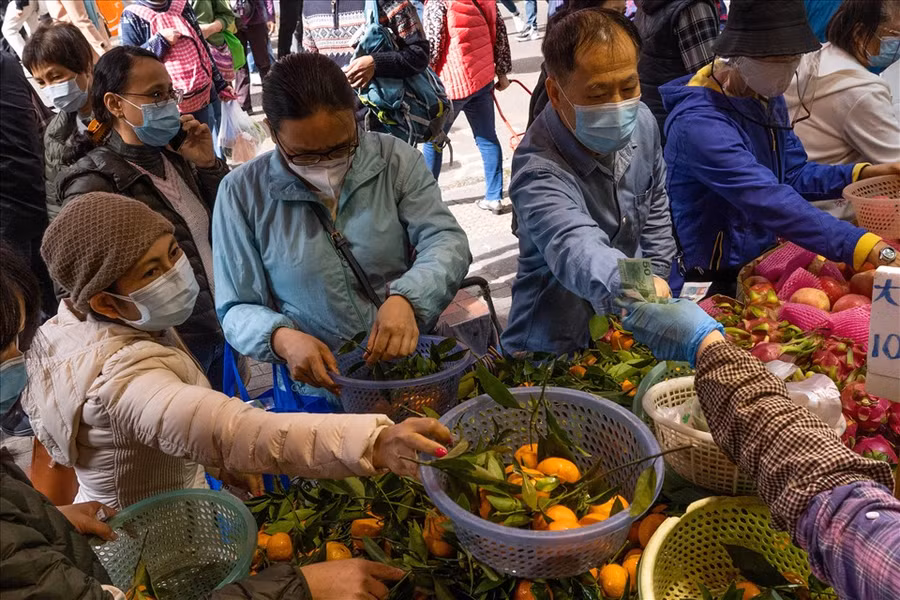Người dân Hong Kong mua quýt, một loại trái cây phổ biến trong những ngày Tết Nguyên đán, tại một cửa hàng trái cây ở khu Sham Shui Po, ngày 30.1. Ảnh: AFP