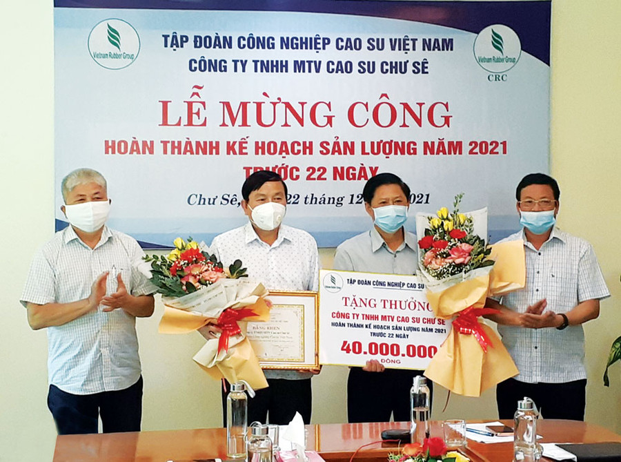 Tập đoàn Công nghiệp Cao su Việt Nam khen thưởng Công ty TNHH một thành viên Cao su Chư Sê hoàn thành kế hoạch sản lượng năm 2021 trước 22 ngày. Ảnh: P.V Tập đoàn Công nghiệp Cao su Việt Nam khen thưởng Công ty TNHH một thành viên Cao su Chư Sê hoàn thành kế hoạch sản lượng năm 2021 trước 22 ngày. Ảnh: P.V