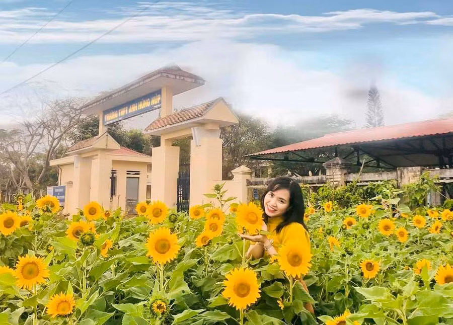 Vườn hoa hướng dương trước Trường THPT Anh Hùng Núp (xã Kông Lơng Khơng, huyện Kbang). Ảnh: Lam Nguyên