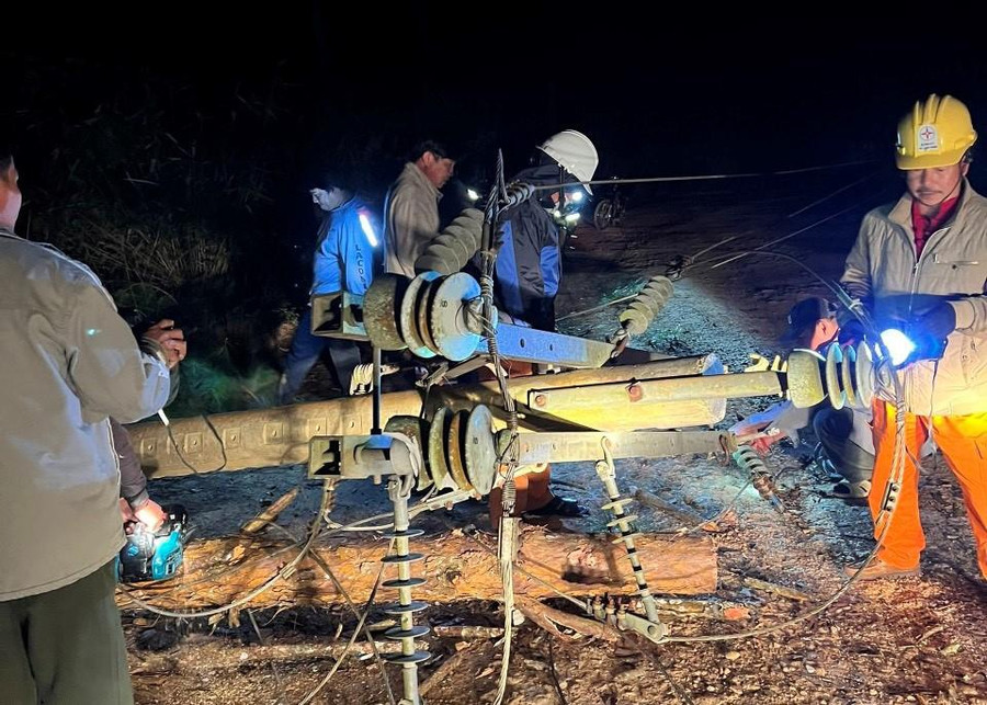 Công nhân điện lực khắc phục sự cố cây thông ngã làm gãy trụ điện trung thế cung cấp điện cho Nhà máy rác Đà Lạt. Ảnh: NMRĐL