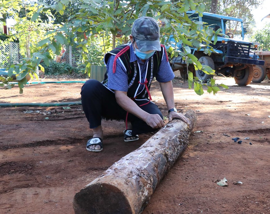 Nghệ thuật điêu khắc dân gian của người Bahnar, Jrai được thể hiện trên các sản phẩm gỗ rất đa dạng và phong phú. Một trong những sản phẩm độc đáo mang đậm dấu ấn của điêu khắc dân gian là tượng gỗ. Trong ảnh:Nghệ nhân dùng phấn vẽ lên thân tượng gỗ để định hình trước khi tạc. Ảnh: Hồng Điệp/TTXVN Nghệ thuật điêu khắc dân gian của người Bahnar, Jrai được thể hiện trên các sản phẩm gỗ rất đa dạng và phong phú. Một trong những sản phẩm độc đáo mang đậm dấu ấn của điêu khắc dân gian là tượng gỗ. Trong ảnh:Nghệ nhân dùng phấn vẽ lên thân tượng gỗ để định hình trước khi tạc. Ảnh: Hồng Điệp/TTXVN