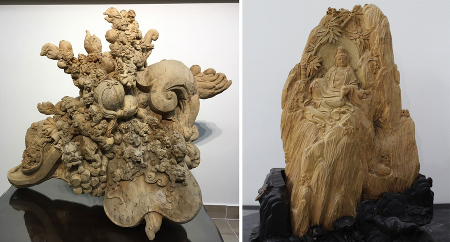 Các tác phẩm trầm hương tự nhiên điêu khắc của ông Nguyễn Tấn Việt. Ảnh: Quang Viên