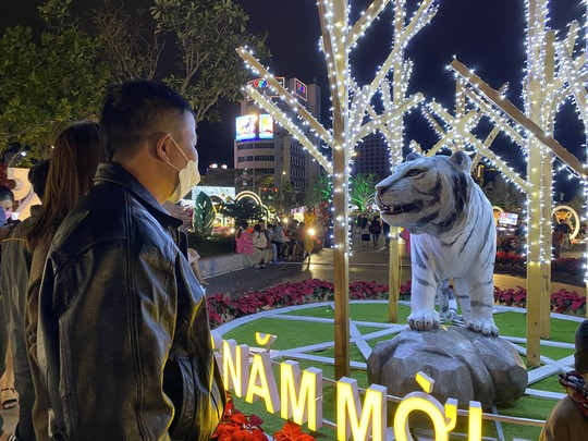 Linh vật hổ ở đường hoa Đà Nẵng thu hút người đến chụp ảnh