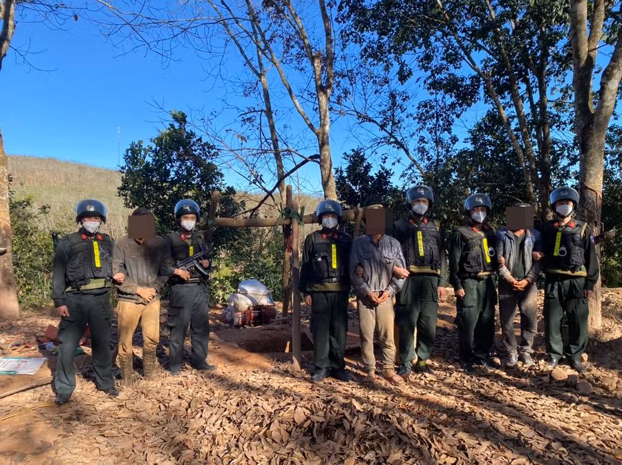 Lực lượng chức năng phát hiện 3 người khai thác vàng trái phép tại vườn cao su. Ảnh: Đức Nhật