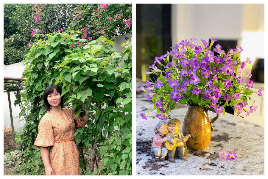 Chị Phạm Thị Thảo có nghề tay trái là bán bình gốm cắm hoa. Ảnh: NVCC