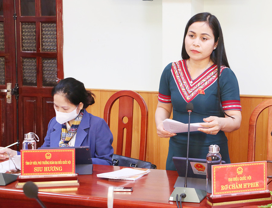 Đại biểu Rơ Châm H’Phik-Chủ tịch Ủy ban MTTQ Việt Nam huyện Chư Păh tham gia góp ý tại phiên thảo luận. 